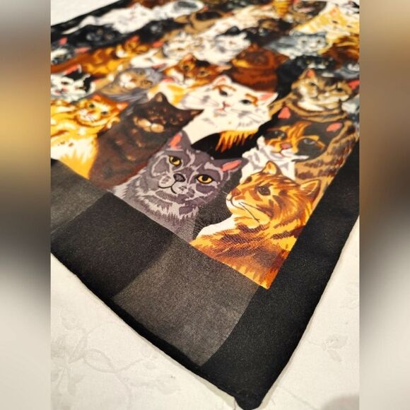 Cat Pattern Long Silk Scarf Kitty Cats Vintage - Picture 9 of 10